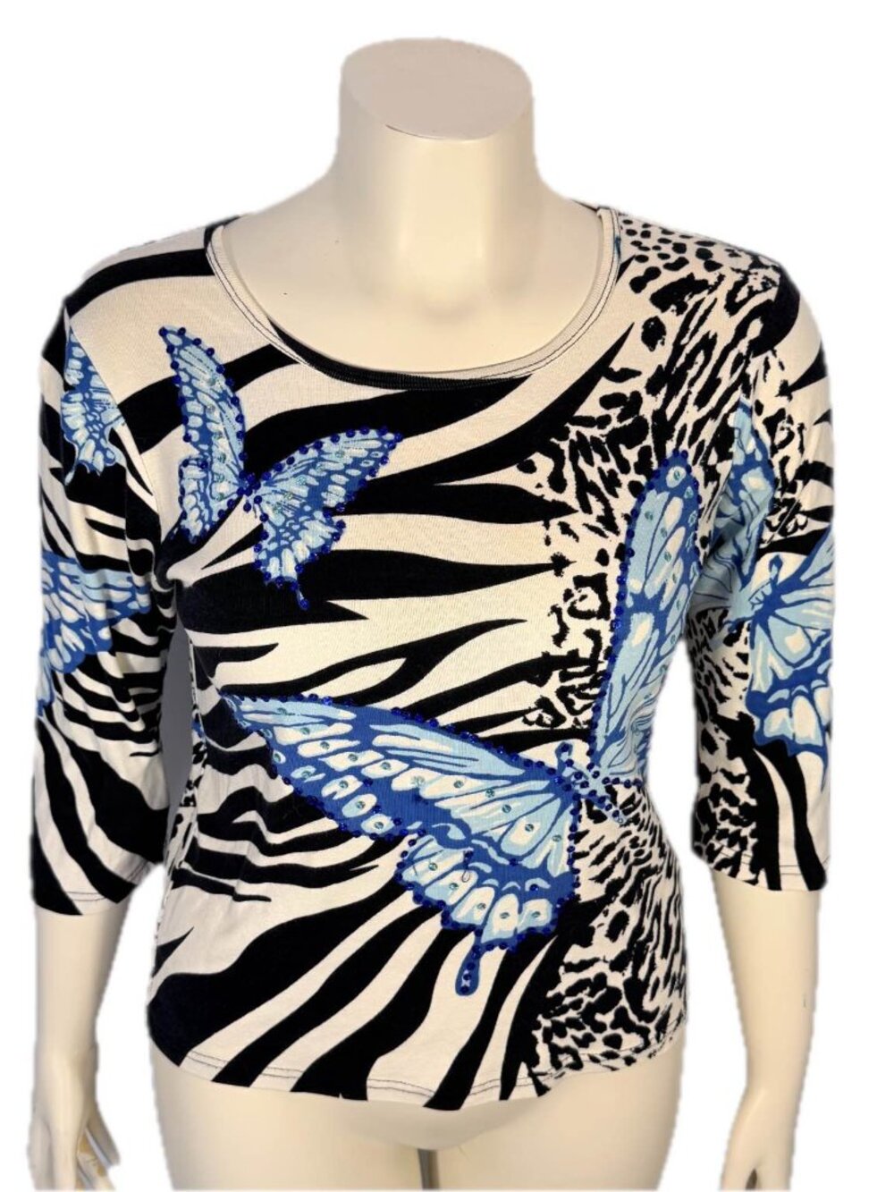 Take Two Clothing Co Women's Sequined Blue Black Top L Butterfly Zebra Animal